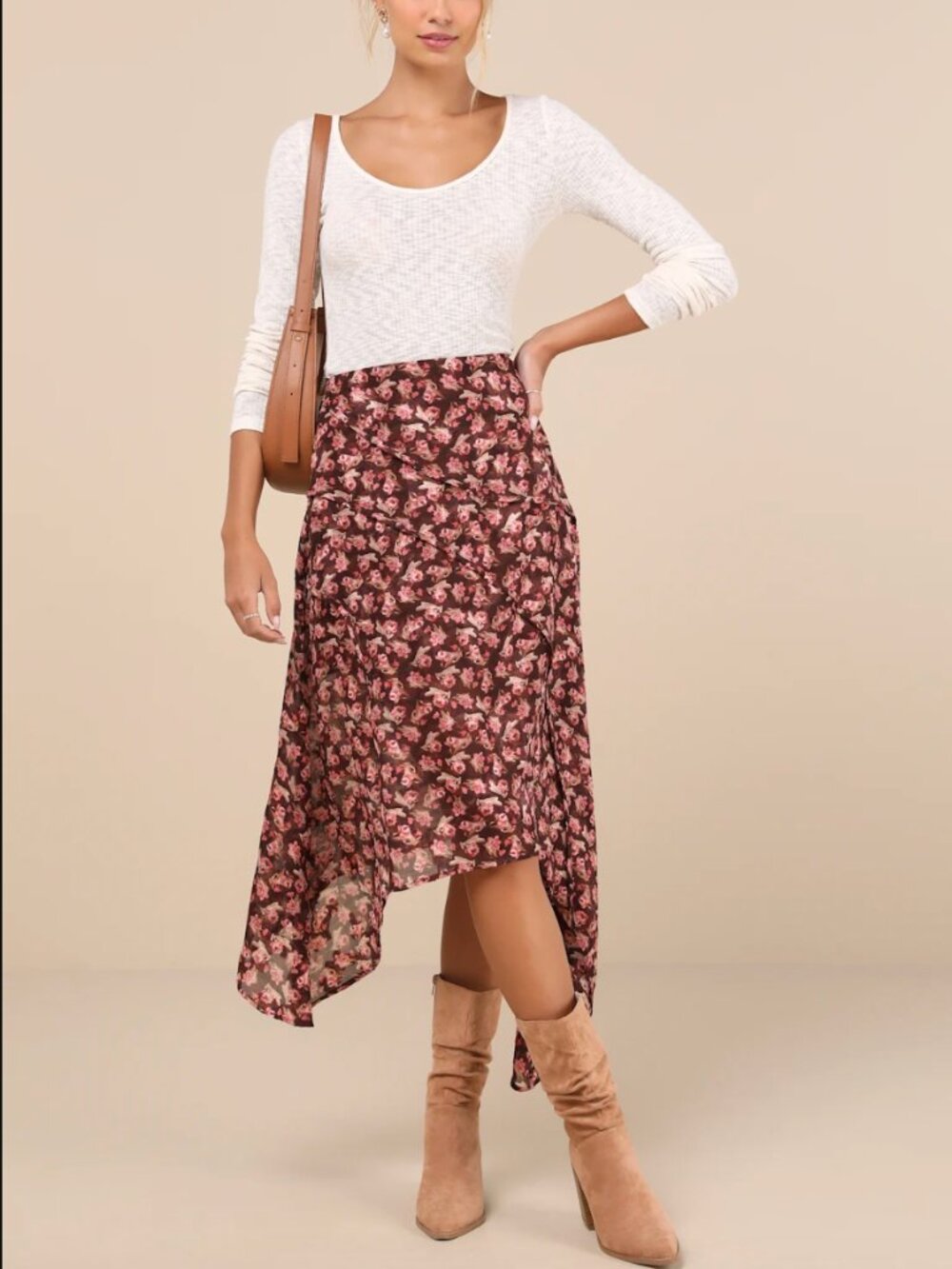 Lulus Elevated Exception Brown Pink Floral Asymmetrical Midi Skirt, Sz Medium
